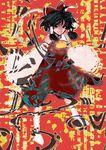  abstract_background ascot bad_id bad_pixiv_id black_hair bow claw_pose detached_sleeves dress evil_grin evil_smile frilled_bow frills gaihan_umeboshi_mitchell grin hair_bow hair_tubes hakurei_reimu kubrick_stare looking_at_viewer red_dress smile socks solo touhou white_legwear 