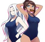  armpits arms_up asahina_aoi breasts bright_pupils brown_hair chan_co cleavage closed_eyes danganronpa danganronpa_1 dark_skin doughnut food large_breasts mouth_hold multiple_girls one-piece_swimsuit oogami_sakura school_swimsuit simple_background smile swimsuit white_background white_hair younger 