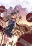  bad_id bad_pixiv_id black_eyes boots brown_hair carousel coat dress dutch_angle ferris_wheel highres hyp knee_boots long_hair original scarf sign smile solo tears 