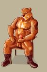 anthro balls bear biceps big_breasts big_muscles breasts brown_fur erection fur grizzly_bear looking_at_viewer lowemond male mammal muscles nipples pecs penis plain_background pose smile solo teeth 