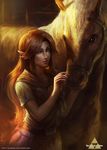  belt belt_buckle blue_eyes brown_hair buckle commentary copyright_name english_commentary epona horse long_hair malon neckerchief pointy_ears r-sraven realistic signature skirt smile the_legend_of_zelda the_legend_of_zelda:_ocarina_of_time triforce 