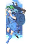  backpack bag blue_eyes blue_hair boots colored_eyelashes eyelashes hair_bobbles hair_ornament hat kawashiro_nitori key looking_at_viewer open_mouth salute short_hair smile solo touhou two_side_up uruu_gekka 