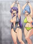  2girls areolae armpits arms_up ball_gag bdsm bikini blue_eyes blue_hair bondage bound breasts breasts_outside brown_eyes cum cum_on_body cum_on_lower_body facial gag highres himuro_kyoko katsuragi_yayoi large_breasts legs long_hair multiple_girls nightmare_express nipples ponytail pubic_hair purple_hair rope saliva standing swimsuit thighs 