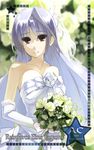  2013 bad_id bad_pixiv_id bare_shoulders bouquet breasts bridal_veil bride character_name cleavage dress elbow_gloves flower gloves lace lace-trimmed_gloves long_hair looking_at_viewer lyrical_nanoha mahou_shoujo_lyrical_nanoha_innocent medium_breasts red_eyes reinforce silver_hair single_hair_intake solo star strapless strapless_dress veil wagashi_(okashina) wedding_dress white_dress white_gloves 