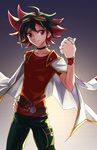  1boy artist_request belt cape choker coat goggles green_hair male_focus multicolored_hair red_hair sakaki_yuuya sakaki_yuya wristband yu-gi-oh! yuu-gi-ou_arc-v 