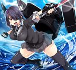  bangs black_legwear blue_sky blush boots breasts cardigan checkered checkered_neckwear day eyepatch fingerless_gloves gloves haik highres kantai_collection large_breasts left-handed machinery necktie open_mouth pleated_skirt purple_hair reverse_grip short_hair skirt sky solo sword tenryuu_(kantai_collection) thighhighs water weapon yellow_eyes zettai_ryouiki 
