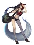  ahri animal_ears bag bare_legs bare_shoulders belt black_hair blue_eyes braid breasts casual duffel_bag fox_ears fox_tail large_breasts league_of_legends long_hair long_tail midriff no_bra shoes short_shorts shorts single_braid slit_pupils sneakers solo strapless tail tubetop tyutii whisker_markings zipper 