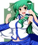  blush breasts detached_sleeves fang frog_hair_ornament green_eyes green_hair hair_ornament hair_tubes happy kochiya_sanae large_breasts long_hair open_mouth skirt smile snake_hair_ornament solo touhou zefyu 