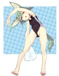  animal_ears armpits barefoot black_swimsuit exercise feet green_hair one-piece_swimsuit open_mouth original solo subachi swimsuit tail toes towel 