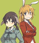  animal_ears blue_eyes blush breasts brown_eyes brown_hair bunny_ears charlotte_e_yeager gertrud_barkhorn kirisawa_juuzou long_hair medium_breasts military military_uniform multiple_girls orange_hair strike_witches twintails uniform world_witches_series 