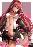  blue_eyes breasts detached_sleeves headphones long_hair looking_at_viewer mechanical_parts medium_breasts megurine_luka navel pink_hair revealing_clothes solo very_long_hair vocaloid vocaloid_append xayux 