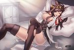  ahoge armpits arms_up bad_id bad_pixiv_id blue_eyes boots breast_slip breasts brown_hair detached_sleeves headgear highres japanese_clothes jjune kantai_collection kongou_(kantai_collection) large_breasts legs long_hair long_legs lying miniskirt nipples nontraditional_miko on_back on_bed one_breast_out panties pantyshot pantyshot_(lying) pillow puffy_nipples skirt solo spread_legs thigh_boots thighhighs thighs torn_clothes torn_legwear underwear wide_sleeves 
