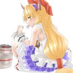  blonde_hair blush bow breasts eating gourd grill grilling hair_bow horn_ribbon horns ibuki_suika long_hair looking_at_viewer looking_back low-tied_long_hair ribbon shichirin shirt sideboob simple_background sitting skirt sleeveless sleeveless_shirt small_breasts solo somsom squid touhou very_long_hair white_background wrist_cuffs yellow_eyes 