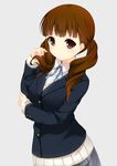  blazer blush brown_eyes brown_hair extra hair_tousle highres jacket k-on! long_hair looking_at_viewer nironiro playing_with_own_hair sakuragaoka_high_school_uniform school_uniform skirt solo twintails wakaouji_ichigo 