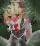  1girl blonde_hair blush breasts cum doggystyle fang happy_sex hetero medium_breasts nipples oden_(th-inaba) open_mouth petite rumia sex short_hair thighhighs touhou 