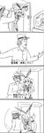  1girl 4koma admiral_(kantai_collection) alcohol angry_video_game_nerd bad_id bad_pixiv_id beer blur comic commentary detached_sleeves door drinking greyscale hairband hand_on_head hat highres kantai_collection long_hair midriff military military_uniform monochrome naval_uniform navel open_door parody pointing punching red_miso shimakaze_(kantai_collection) sketch skirt smile smirk stomach_punch sweatdrop thighhighs translated uniform 
