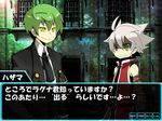  bad_id bad_pixiv_id blazblue fake_screenshot formal green_eyes green_hair hazama heterochromia kuro_yuzu multiple_boys ragna_the_bloodedge scared silver_hair translation_request younger 