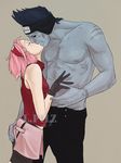  1girl blue_hair blue_skin closed_eyes forehead_protector gloves hairband haruno_sakura hetero hoshigaki_kisame kiss lpilz naruto_(series) naruto_shippuuden pectorals pink_hair shirtless short_hair size_difference watermark 