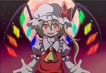  blonde_hair flandre_scarlet full_moon hat md5_mismatch moon open_mouth outstretched_arms red_eyes red_moon red_sky ribbon short_hair side_ponytail sky smile solo touhou wings ximsol182 