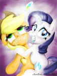  anthro blonde_hair blue_eyes brown_fur caught couple cowboy_hat cutie_mark duo embarrassed equine female feral friendship_is_magic fur green_eyes hair hat horn horse kissing lesbian lipstick looking_at_viewer mammal my_little_pony pony purple_hair rarity_(mlp) unicorn white_fur xtailsdudex 