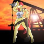  amber_eyes anthro anthrofied apple_bloom_(mlp) belt bottomless clothing cloud dusk equine female friendship_is_magic hammer hard_hat helmet horse jrvanesbroek mammal my_little_pony oil_well outside pony shirt sky sledgehammer solo standing sunset sweat tank_top tattoo vest 