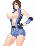  armpit_peek bare_shoulders belt black_gloves blush breasts brown_hair cameltoe center_opening collarbone cowboy_shot elbow_pads fingerless_gloves gloves grin hand_on_hip highres jumpsuit kazama_asuka large_breasts looking_at_viewer midriff navel nipples no_bra puffy_nipples red_eyes short_hair sleeveless smile solo stomach tekken tetsuo_(tetuo1129) underwear unzipped white_background wrist_guards 