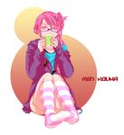  bad_id bad_pixiv_id braid character_name cup drinking glasses hair_ornament hairclip hood hoodie kneehighs long_hair magi_the_labyrinth_of_magic masayasuka mug otoko_no_ko pink_eyes pink_hair ren_kouha sitting socks striped striped_legwear tea teabag 