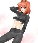  black_legwear breasts crotch_seam hair_intakes kasu_kazu large_breasts navel no_pants original panties panties_under_pantyhose pantyhose red_eyes red_hair short_hair solo thighband_pantyhose turtleneck underboob underwear 