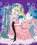  alois_trancy black_hair blonde_hair blue_eyes blue_hair ciel_phantomhive crossdressing dress gloves gown kuroshitsuji long_dress long_hair male_focus multiple_boys otoko_no_ko ribbon tongue tongue_out twintails yaoi 