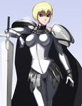  armor blonde_hair breastplate breasts brown_eyes cape clare_(claymore) claymore claymore_(sword) faulds gauntlets impossible_armor morganagod pantyhose pauldrons short_twintails solo twintails white_legwear 