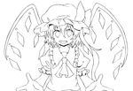  flandre_scarlet greyscale hat highres lineart monochrome open_mouth ribbon short_hair side_ponytail smile solo touhou wings ximsol182 