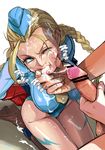  ahoge arms_behind_back bdsm blonde_hair blue_eyes blue_leotard bondage bound bound_ankles bound_wrists braid breasts bukkake cammy_white censored chin_grab clothed_female_nude_male cum cum_in_mouth cum_on_body cum_on_breasts cum_on_clothes cum_on_hair cum_on_upper_body cum_string facial garrison_cap hat huge_ahoge kneeling large_breasts leotard lips masturbation necktie nose nude one_eye_closed penis ribbed_leotard scar shoulder_pads solo_focus street_fighter street_fighter_zero_(series) tears tsurumaku twin_braids wince 