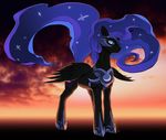  abstract_background arareroll armor black_fur blue_eyes blue_hair cutie_mark equine female friendship_is_magic fur hair helmet horn horse long_hair mammal my_little_pony nightmare_moon_(mlp) pony smile solo winged_unicorn wings 