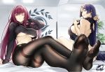  2girls ass backless_dress backless_outfit bangs bare_shoulders blush breasts cropped_sweater dress fate/grand_order fate_(series) feet hair_between_eyes hand_in_hair hips indoors large_breasts legs long_hair looking_at_viewer low-tied_long_hair meme_attire minamoto_no_raikou_(fate/grand_order) multiple_girls okitakung on_bed one_eye_closed pantyhose parted_bangs purple_eyes purple_hair red_eyes ribbed_sweater scathach_(fate)_(all) scathach_(fate/grand_order) sideboob sitting smile sweater sweater_dress thighs turtleneck turtleneck_sweater underboob very_long_hair virgin_killer_sweater 