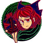  black_bow bow breasts cape colored_eyelashes disembodied_head eyelashes hair_bow hand_on_hip high_collar justin_hsu leaf legs long_sleeves looking_at_viewer medium_breasts miniskirt multicolored_hair plant red_eyes red_hair round_image sekibanki simple_background skirt solo striped_clothes touhou two-tone_hair vines 
