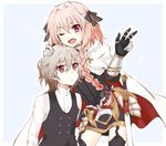  ;d astolfo_(fate) bad_id bad_pixiv_id braid brown_hair fang fate/apocrypha fate_(series) garter_straps hair_ribbon long_hair m_(miro_bon) male_focus multiple_boys one_eye_closed open_mouth otoko_no_ko pink_eyes pink_hair red_eyes ribbon sieg_(fate/apocrypha) single_braid smile sword weapon 