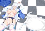  apron bad_id bad_pixiv_id blue_eyes blush braid breasts breasts_apart clothes_removed garter_belt izayoi_sakuya kirise_mitsuru large_breasts lying maid_headdress navel nipples on_back short_hair silver_hair solo thighhighs touhou twin_braids underwear 