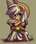  applejack_(mlp) belt blonde_hair clothing cowboy_hat crossed_arms equine fauxsquared female feral friendship_is_magic fruit fur green_eyes hair hat hay horse looking_at_viewer mammal my_little_pony orange_fur pants plain_background pony pose smile solo standing sword weapon 