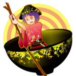  blush bowl bowl_hat concentric_circles grass hat holding in_bowl in_container japanese_clothes justin_hsu kimono leaf minigirl needle obi open_mouth patterned purple_eyes purple_hair round_image rowing sash short_hair simple_background solo sukuna_shinmyoumaru touhou twig 