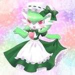 apron bad_id bad_pixiv_id blush bow clothed_pokemon commentary_request dress gardevoir gen_3_pokemon hat highres kemoribon maid no_humans open_mouth pink_eyes pokemon pokemon_(creature) smile solo sparkle 