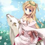  animal bare_shoulders blonde_hair blue_eyes chibitan long_hair original solo 