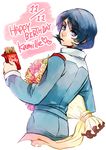  birthday blue_eyes blue_hair bouquet flower food gundam happy_birthday kamille_bidan male_focus pocky senbe_(motimotio) solo zeta_gundam 