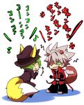  animal_ears bad_id bad_pixiv_id black_pants blazblue dog_ears dog_tail fox_ears fox_tail green_hair hazama kuro_yuzu multiple_boys pants ragna_the_bloodedge silver_hair tail 