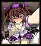  bangs bed_sheet bird_wings blush border breasts brown_hair checkered checkered_skirt clenched_hand collarbone cowboy_shot flashing foreshortening frills from_above hair_ribbon hat hato_no_suisou himekaidou_hatate holding indoors long_hair looking_at_viewer low_wings miniskirt naughty_face no_bra nose_blush one_eye_closed outstretched_arm petticoat purple_eyes reaching_out ribbon self_shot shirt short_sleeves sitting skirt small_breasts smile solo sweat thigh_gap tokin_hat touhou twintails very_long_hair viewfinder wings 