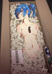  2013 android blue_hair blurry box breasts cardboard_box depth_of_field ears empty_eyes hair_bobbles hair_ornament hair_ribbon highres in_box in_container jakelian navel nipples nude original parts_exposed ponytail purple_eyes ribbon school_uniform serafuku signature small_breasts solo styrofoam switch translated 