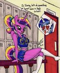  &lt;3 anthro anthrofied bench blue_hair blush cheerleader dialog door duo english_text equine female friendship_is_magic hair hands horn horse locker locker_room lockers male mammal miniskirt multi-colored_hair my_little_pony newyorkx3 pony ponytail princess_cadance_(mlp) purple_eyes shining_armor_(mlp) sitting skirt socks solo_focus text tongue tongue_out unicorn 