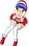  1girl blue_hair breasts christmas eyepatch green_eyes hat ikkitousen large_breasts official_art ryomou_shimei short_hair sitting skirt solo thighhighs 