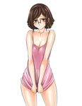  absurdres blush bottomless breast_squeeze breasts brown_eyes brown_hair camisole cleavage collarbone covered_navel covered_nipples glasses gundam gundam_build_fighters hairband highres kousaka_china looking_at_viewer medium_breasts over-rim_eyewear red-framed_eyewear semi-rimless_eyewear shirt_tug short_hair skindentation solo tuna21 