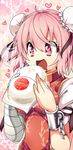  bandages bun_cover cuffs double_bun drooling heart ibaraki_kasen kotomuke_fuurin open_mouth pink_eyes pink_hair puffy_sleeves pun shackles shirt short_sleeves smile solo tabard touhou upper_body 