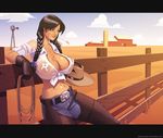  barn belt belt_buckle blue_sky braid breasts brown_hair buckle chaps cleavage cloud commentary commentary_typo commission covered_nipples cow_girl david_goujard day denim english_commentary farm fence gloves hair_over_shoulder hair_ribbon hat hat_removed headwear_removed holding holding_hat huge_breasts jeans lasso lips midriff navel original pants ribbon rope see-through shirt sky smile solo sweat tied_shirt twin_braids western wet wet_clothes wet_shirt windmill 